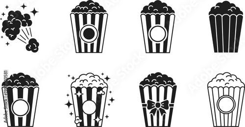 Popcorn bucket icon set, cinema snack illustration, movie theater food concept, entertainment popcorn vector collection isolated design