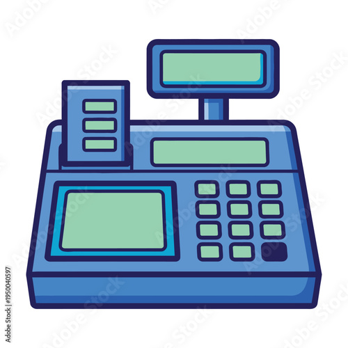 Blue cartoon cash register with green screen and keyboard on white background retail and payment concept