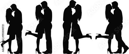 Romantic couple kissing silhouettes, man and woman love pose, relationship romance concept, valentines couple vector illustration set