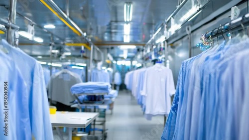 Shirts hanging in laundry factory, dry cleaning production line