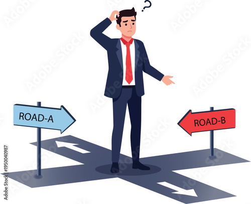 Confused businessman at crossroads, choosing between Road A and Road B, vector illustration