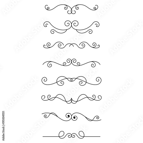 Collection of elegant flourish dividers with minimal ornamental swirl lines. Decorative vector separators ideal for invitations, logos, certificates, menus, branding and elegant design layouts