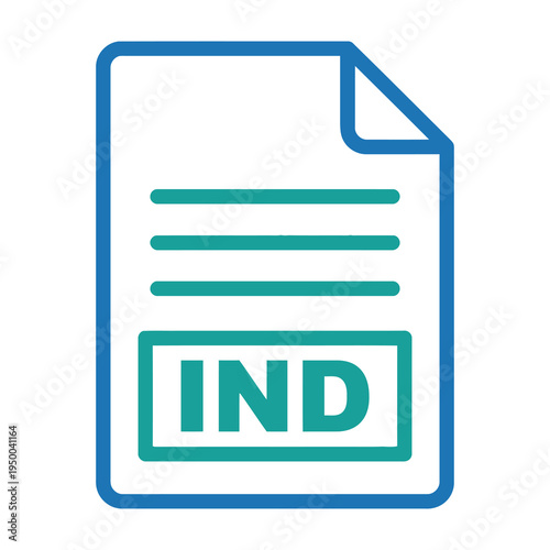 Blue and green icon of a document with ind text on a white background representing business and finance concepts