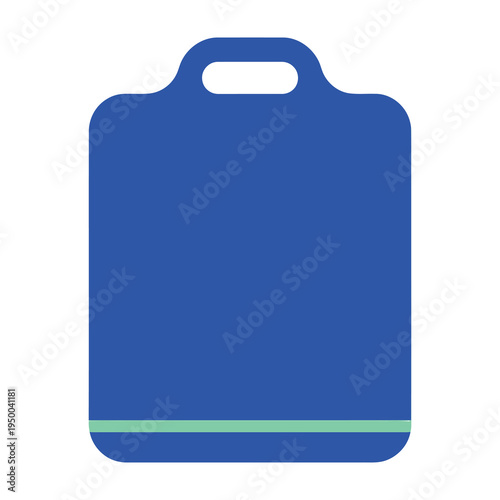 Blue plastic cutting board with handle and green stripe on white background