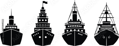 Ship silhouette collection, cargo cruise fishing vessel icons, maritime transport boats set, nautical sea transport vector illustration