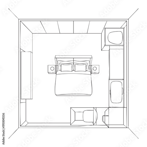 Simple black and white bedroom layout with bed, nightstands, and bathroom floor plan
