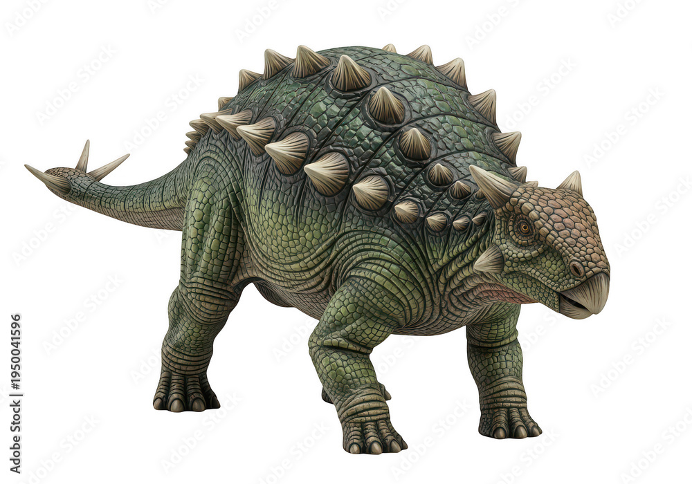 Naklejka premium Stegosaurus dinosaur on transparent background, Green scaly creature with spikes