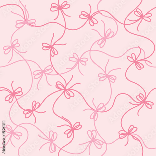 Seamless coquette pattern of delicate, hand-drawn pink bows and swirling ribbons on  soft pastel pink background for feminine branding, gift wrapping, or textile prints, vector illustration