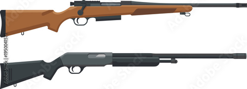 Vector illustration of two rifles with distinct designs, bolt‑action wooden stock firearm and pump‑action shotgun, educational comparison of weapon types