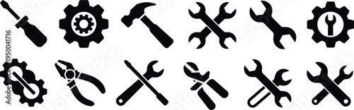 Black silhouette vector illustration of mechanical tool icons, screwdriver, wrench, hammer, gear, pliers, repair and engineering design set for industry