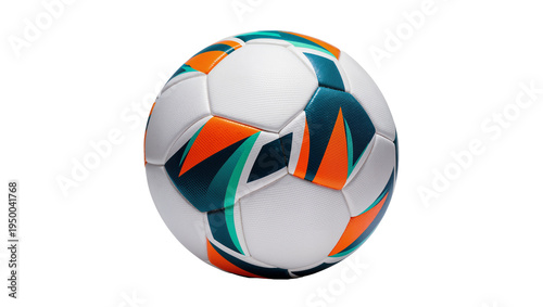 Tableau sur toile Isolated modern football soccer ball with vibrant orange, teal, and blue geometr