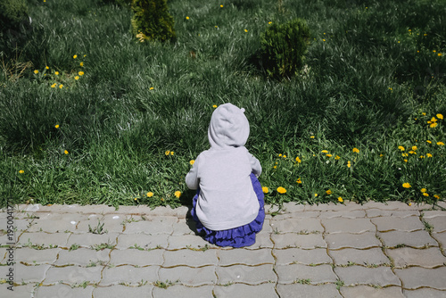 a little girl sitting against the backdrop of a flowerbed