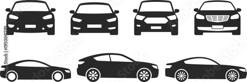Black car silhouettes vector illustration showing front and side views, automotive design icons, simple vehicle artwork for transportation, graphic design projects