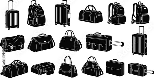 Travel luggage bag collection silhouettes, suitcase backpack duffel bags set, tourism travel accessories icons, baggage vector illustration isolated