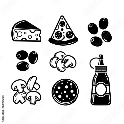 Collection of Essential Pizza Toppings and Culinary Ingredients in Outline Style