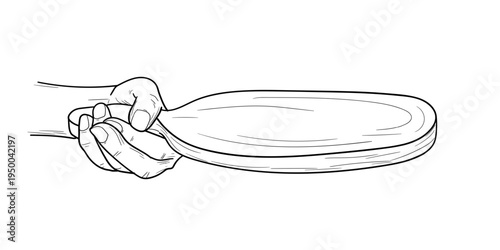 A hand holding a cutting board, hand-drawn sketch. Vector illustration. Simple lineart of a hand on a kitchen serving theme, isolated on a white background.
