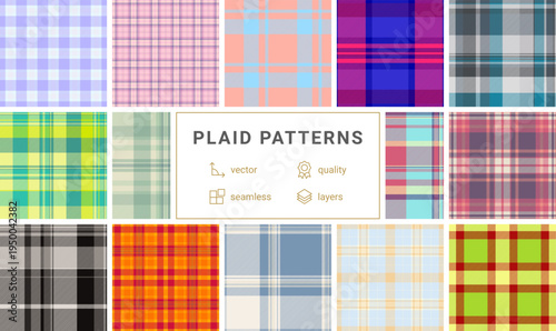 Vintage textile style plaid pattern collection. Seamless vector repeats suitable for fashion, stationery, packaging, and digital paper applications.