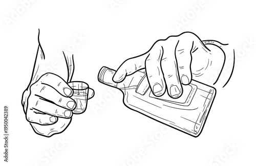 Hands holding a glass or bottle, hand-drawn sketch. Vector illustration. Man's hand pouring whiskey, set isolated on white background. Suitable for menus, signs, posters, or party invitations. Not AI