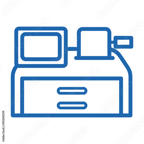 Cash register with monitor and printer blue line icon payment terminal symbol finance and banking concept