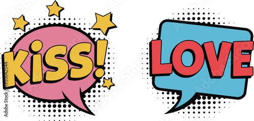 Comic speech bubbles with kiss and love text, pop art style vector illustration for romantic design