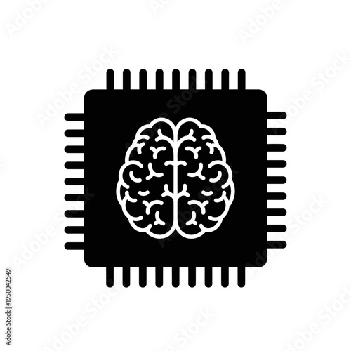 Black silhouette icon of a brain integrated into a computer chip, representing artificial intelligence and digital processing power