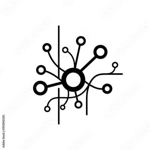 Abstract black and white icon depicting a dynamic network of interconnected nodes and lines, symbolizing complex data flow and advanced technological systems for digital innovation