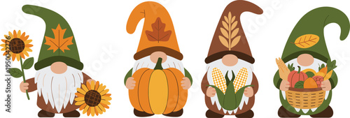 Cartoon autumn gnomes holding harvest items, whimsical seasonal vector illustration featuring pumpkins, corn, sunflowers, festive fall design for cozy artwork