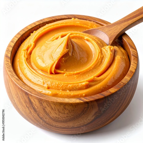 Creamy peanut butter in a wooden bowl with a spoon, isolated on a white background, ready for spreading or cooking.