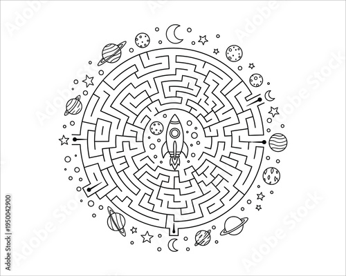 Space maze with rocket ship and planets