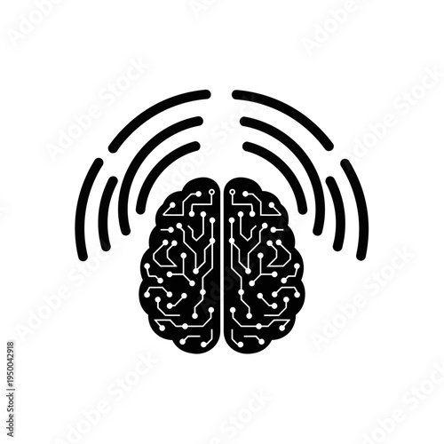 Black silhouette icon representing artificial intelligence and digital brain with glowing circuits and wireless signals radiating outwards