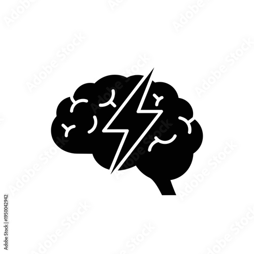 Black silhouette icon of a human brain with a lightning bolt symbol representing an idea or breakthrough
