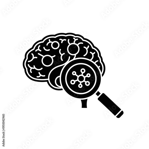 Black silhouette icon of AI brain research and analysis through a magnifying glass, symbolizing medical and scientific exploration of the mind