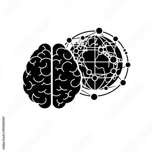 Black silhouette icon portraying a human brain linked with a global network, representing intelligence, technology, data analysis, and interconnected global communication