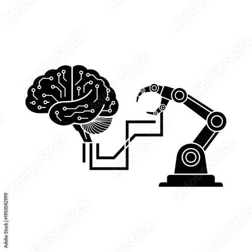 Black silhouette icon representing the integration of artificial intelligence and robotics with a digital brain and mechanical arm