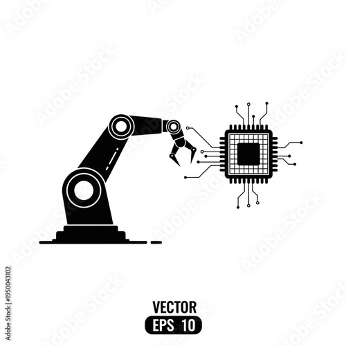 Sleek black silhouette icon of a robotic arm precisely placing a computer processor onto a circuit board, symbolizing advanced technology, automation, and industrial innovation