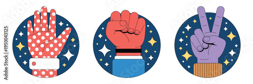 Hand Gesture Cartoon Vector featuring open palm, strong fist, and peace sign, expressive illustration for communication, emotions, and social interaction concept.