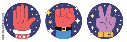 Hand Gesture Cartoon Vector featuring open palm, strong fist, and peace sign, expressive illustration for communication, emotions, and social interaction concept.