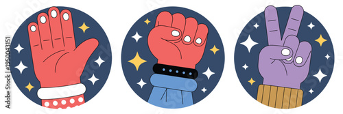 Hand Gesture Cartoon Vector featuring open palm, strong fist, and peace sign, expressive illustration for communication, emotions, and social interaction concept.