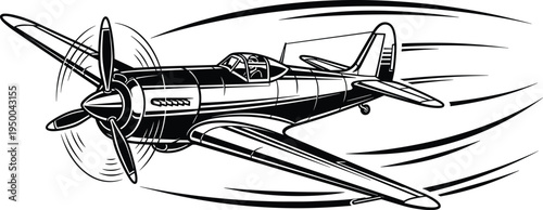 Vintage propeller airplane illustration, classic fighter aircraft flying fast, retro aviation plane vector, historical war airplane design