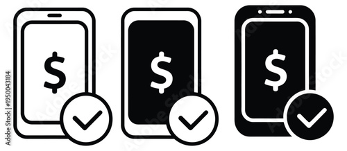Mobile, phone vector icon with dollar sign and checklist, digital payment confirmation and transaction verification symbol, clean modern flat vector design