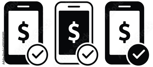 Mobile, phone icon featuring dollar money and checklist symbols, representing digital payment confirmation, transaction success, and financial verification concept, modern flat vector