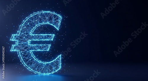 Glowing blue euro symbol made of tiny particles on dark background