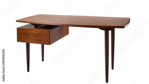 Photography Isolated sophisticated mid-century modern wooden office desk with drawers and ta