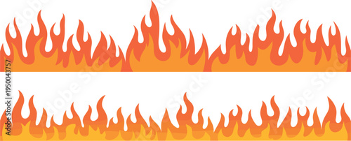 Fire flames horizontal border vector set, hot orange burning bonfire blaze element for graphic design