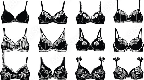 Women bra lingerie collection, lace floral underwear set, feminine fashion undergarment icons, elegant lingerie vector illustration pack