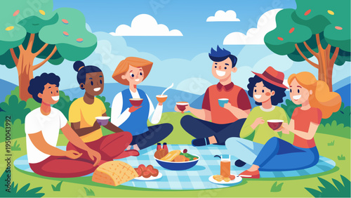 Diverse friends having picnic in park flat vector illustration social gathering outdoor leisure concept