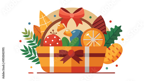 Colorful gift hamper basket with fruits leaves and decorations festive celebration present concept flat vector illustration