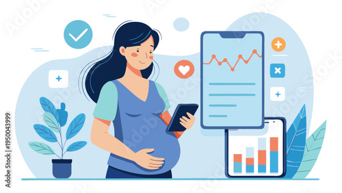 Pregnant woman using mobile health monitoring app wearable maternal tracking pregnancy healthcare concept