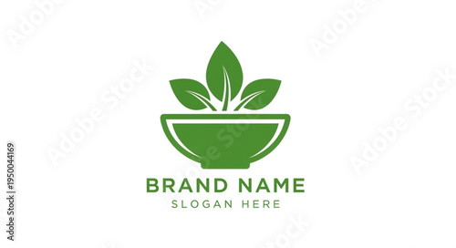 Green bowl with three leaves logo design.