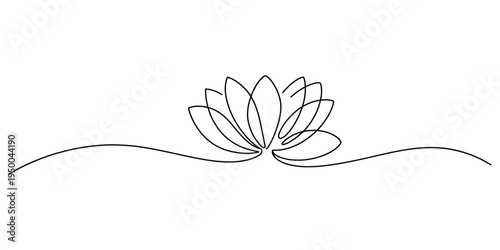 Lotus Flower Continuous Line Vector, minimalist illustration for yoga, meditation, and wellness brand identity, clean line art for calming and spiritual design.